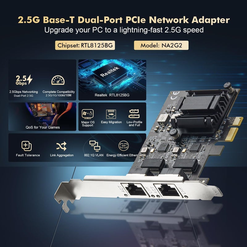 Binardat 2 Ports 2.5G PCIe Network Adapter, RTL8125B LAN Controller 2500/1000/100Mbps Ethernet RJ45 NIC Card Support PXE for Windows/Linux - Image 2